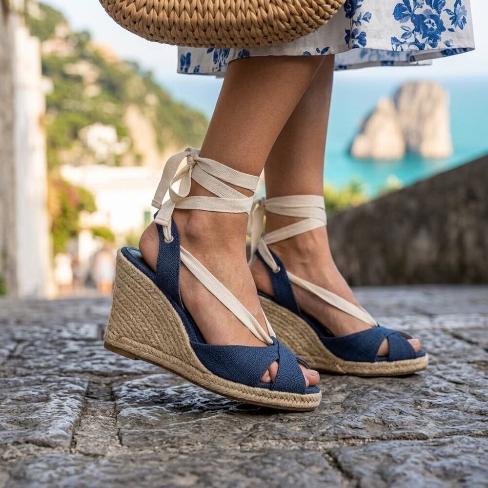 Vtg Banana Republic Espadrille Sandals 7M Navy Blue Coastal Resort Preppy 4"
